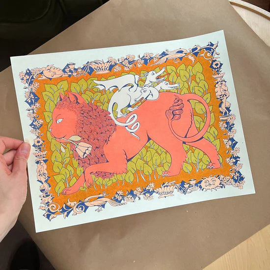 Medieval Lion - Fluo Orange Riso Print