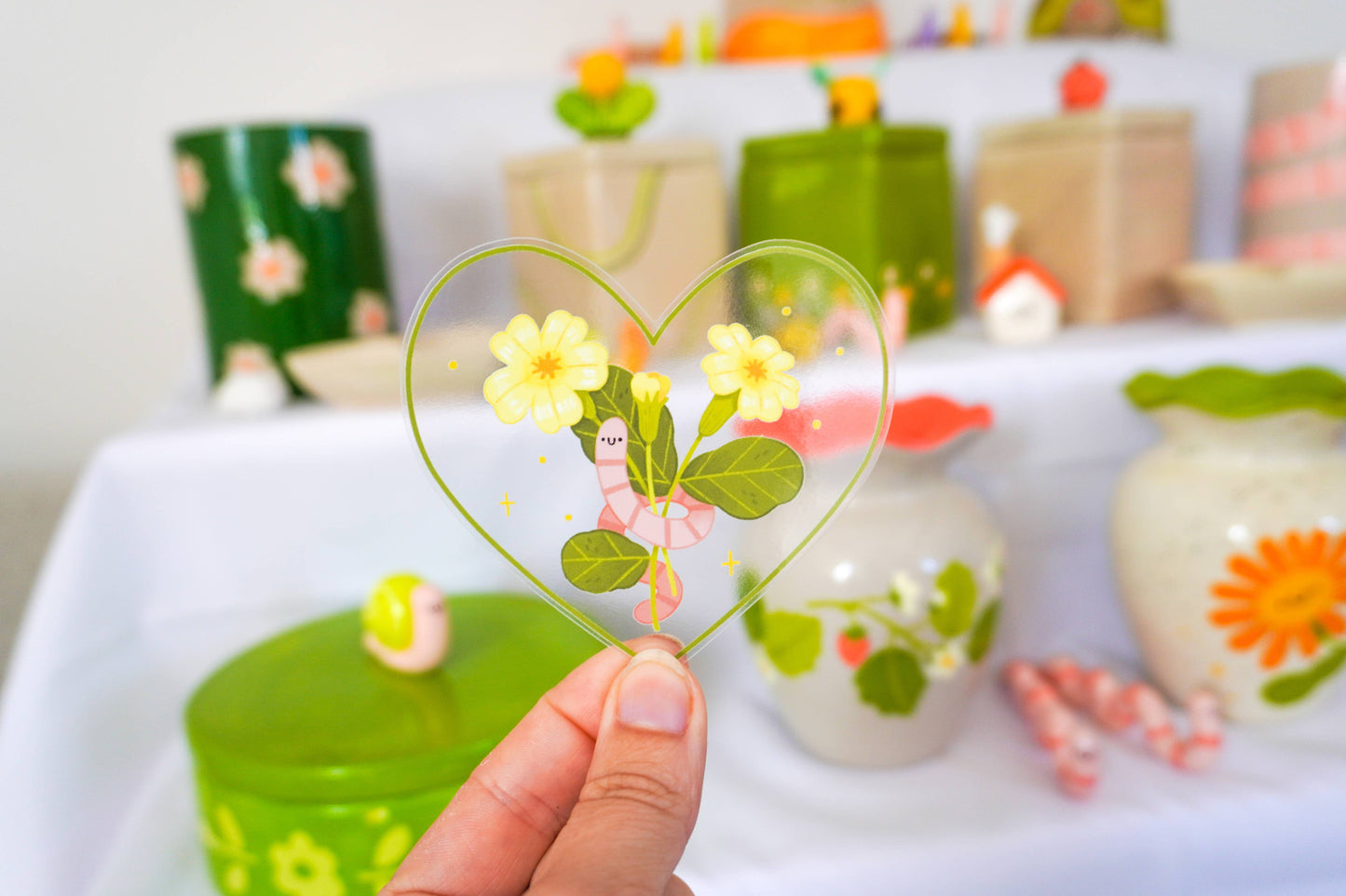 Worm Heart Flower - Transparent Vinyl Sticker: Yellow