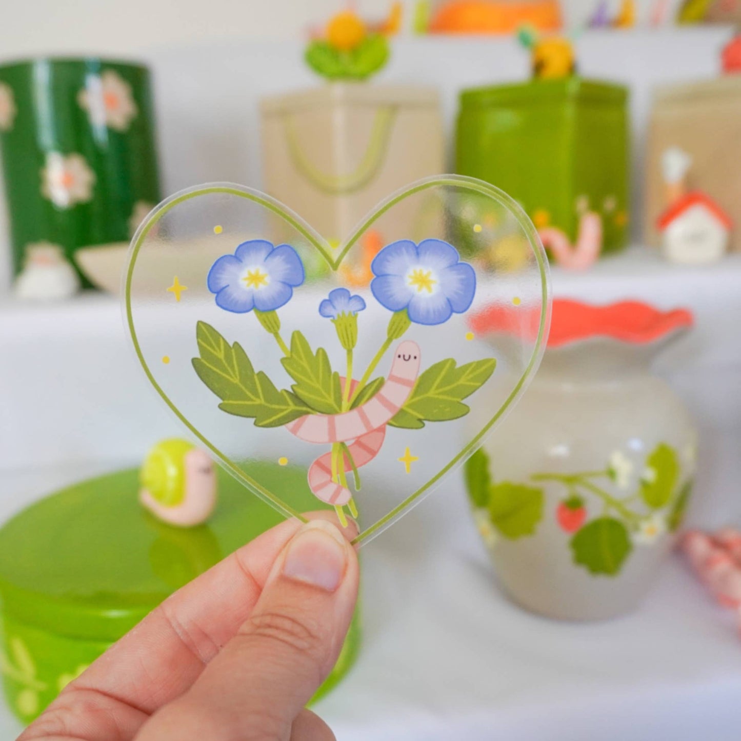 Worm Heart Flower - Transparent Vinyl Sticker: Yellow