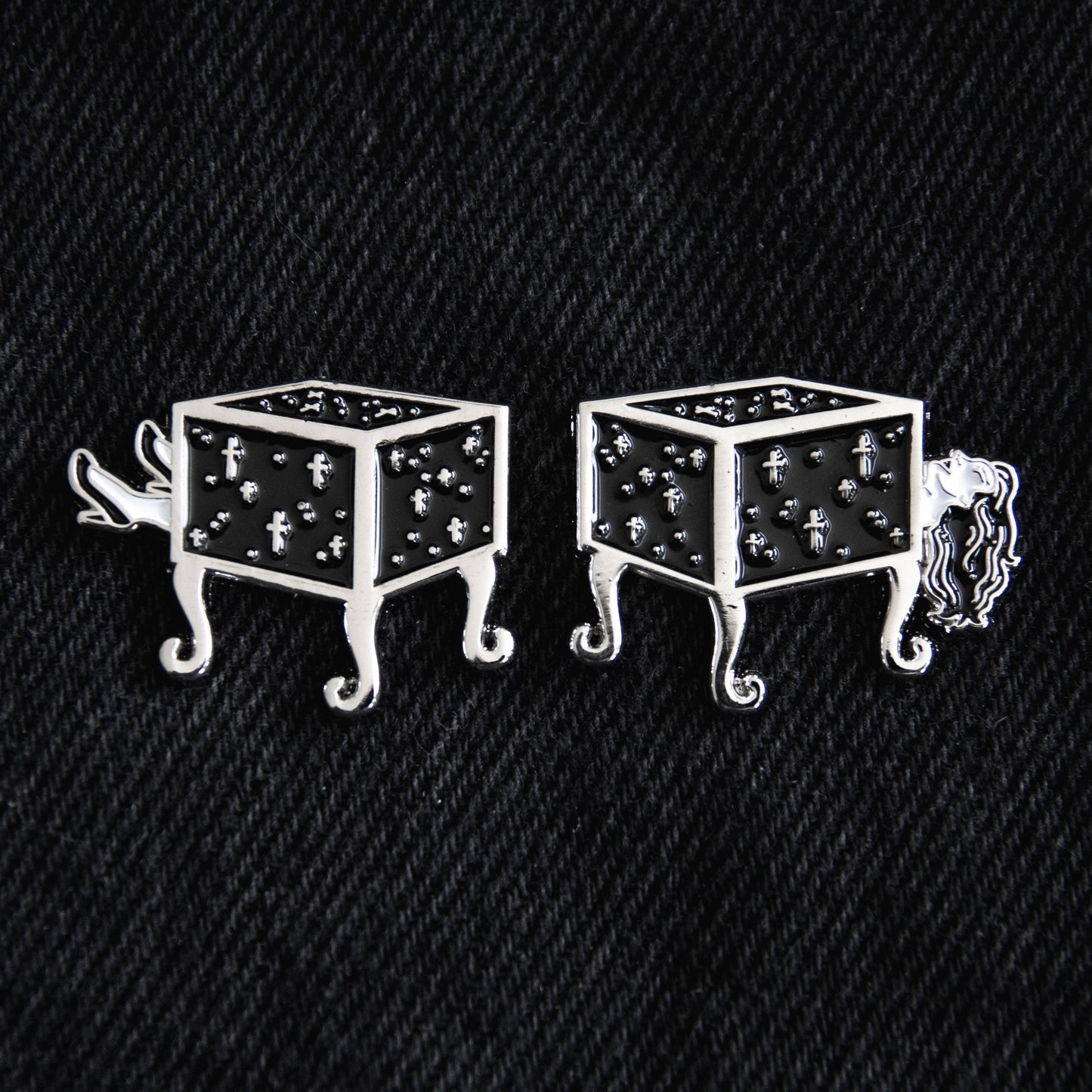 Sawn in Half Magic Trick Woman Enamel Pin in Black & Silver