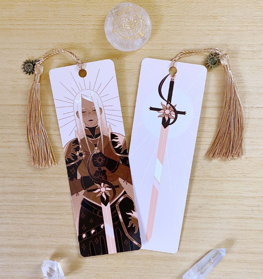 Sun Knight Sword Bookmark with Tassel and Bronze Sun and Moon Charm