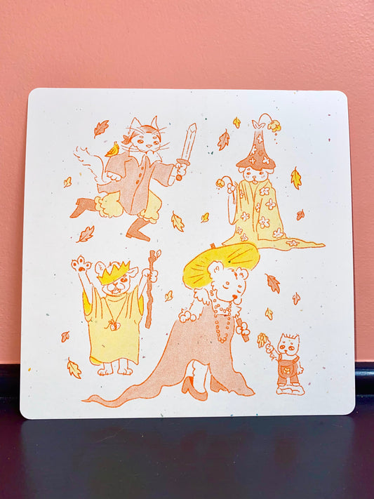 Card with illustrated baby animals in various poses on a white background