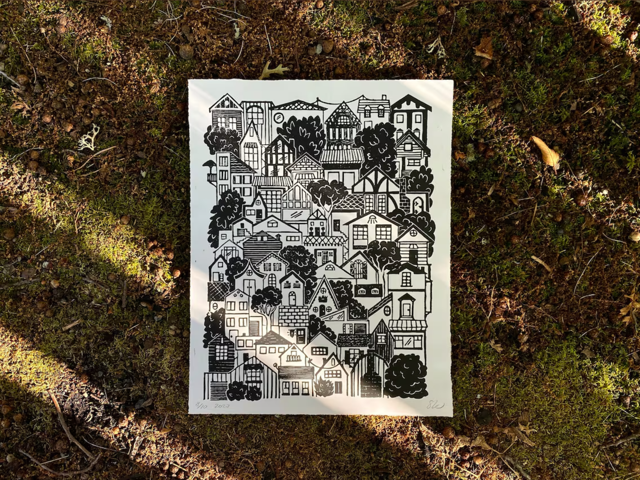 Hillside Houses Linocut Print