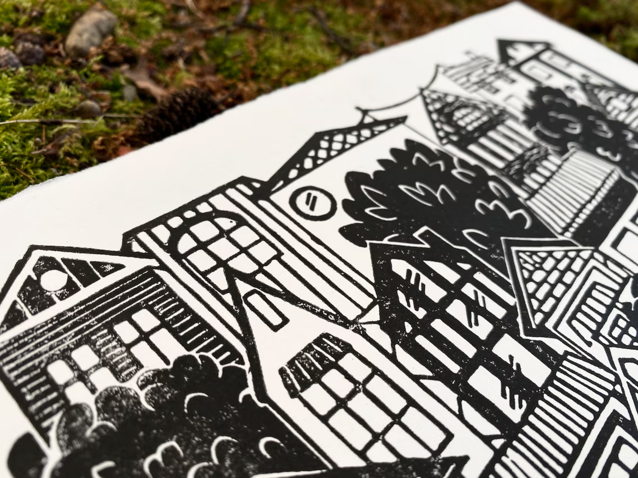 Hillside Houses Linocut Print