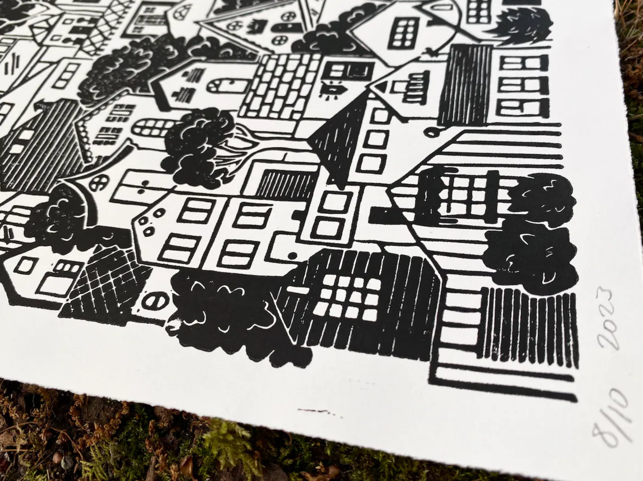 Hillside Houses Linocut Print