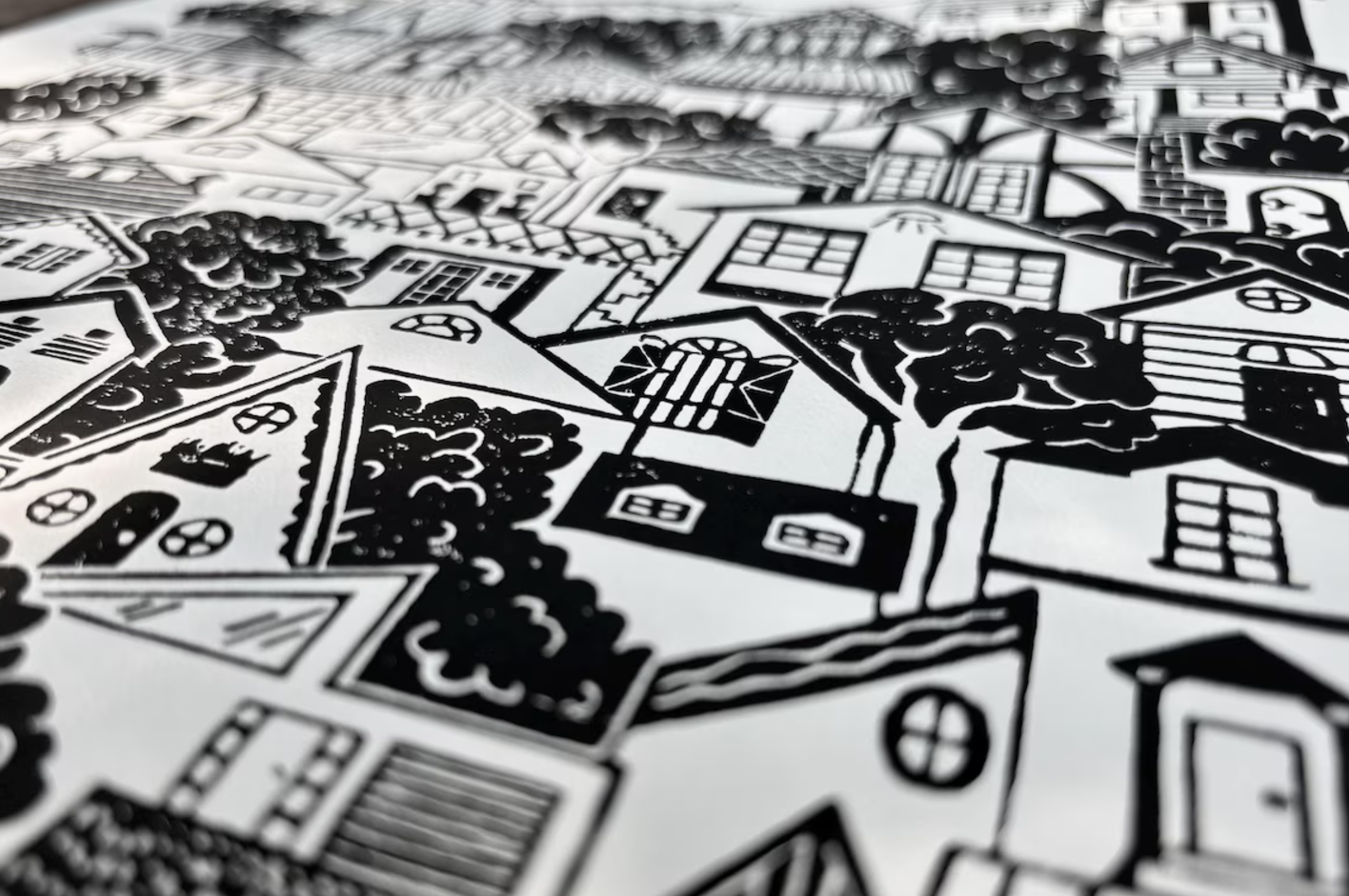 Hillside Houses Linocut Print