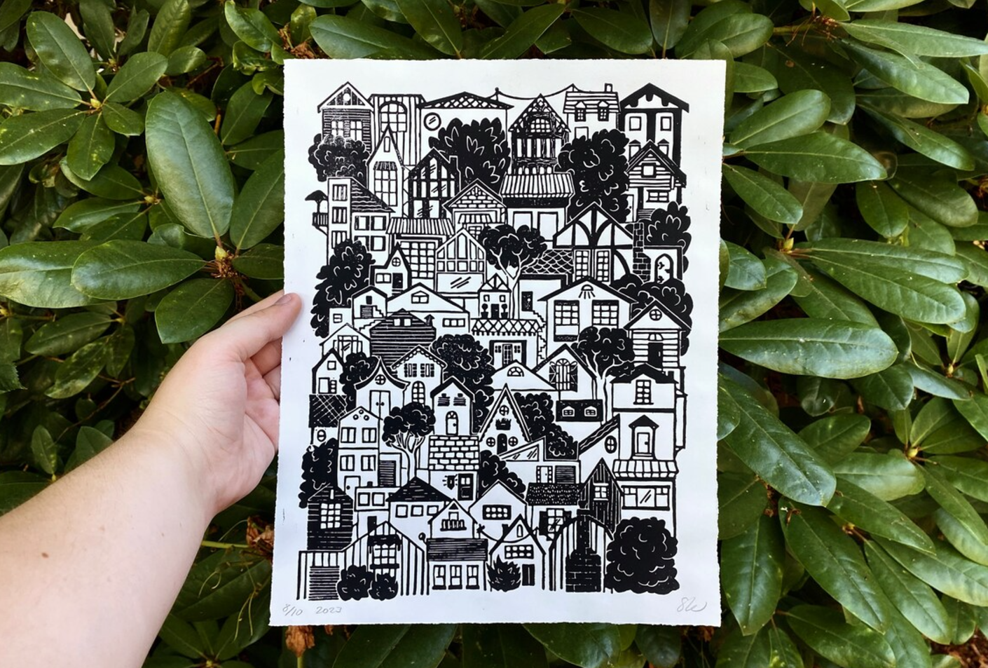 Hillside Houses Linocut Print