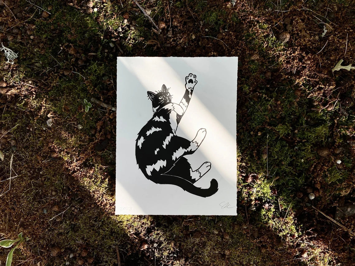 Playing Kitty Linocut Print