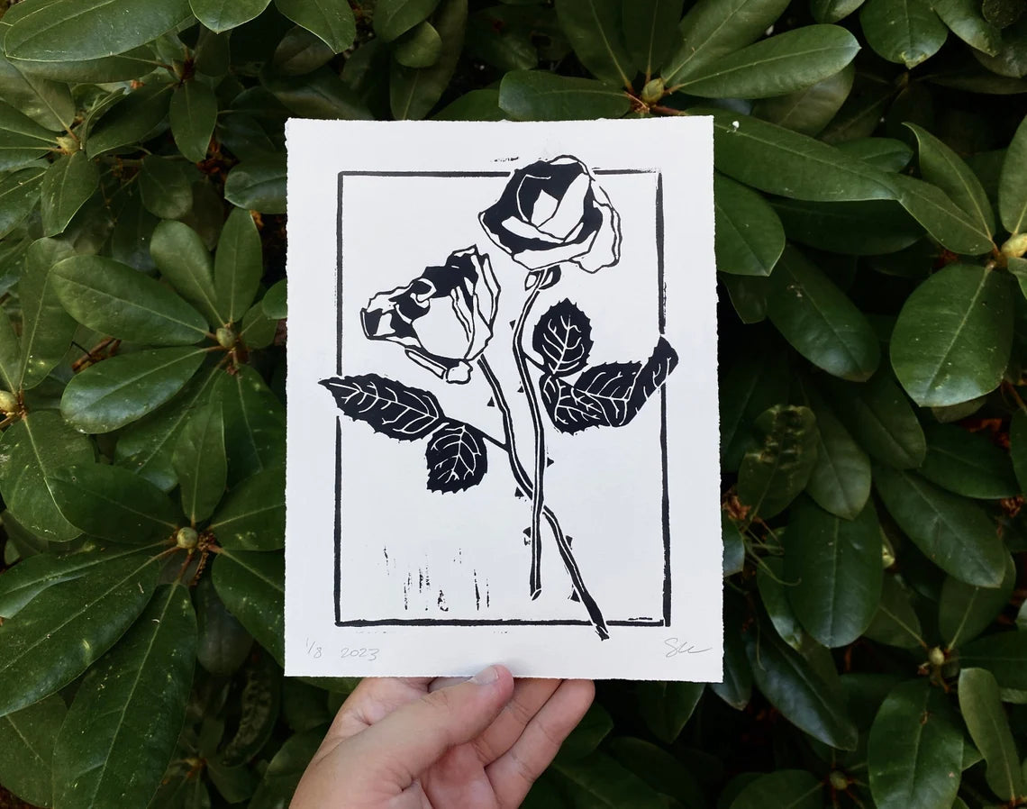 Dried Roses Linocut Print